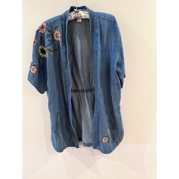 Style & Co Womens Embroidered Open Front Chambray Kimono Medium Pockets Teacher - Picture 2 of 9